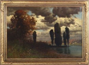 An Autumn Landscape With Sentinel Trees Near Lake, Cottages Along Shore by Traugott Hermann Ruedisuehli