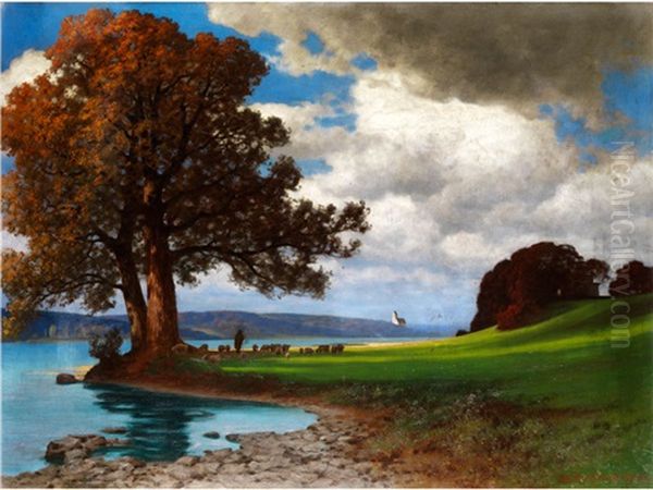 Abendlandschaft Am Fluss Mit Schafer Und Schafherde Unter Herbstlicher Eiche - view 1