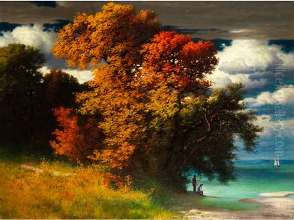 Herbstliche Seeuferlandschaft Mit Bewegten Wolken Und Anglern Am Ufer - view 1