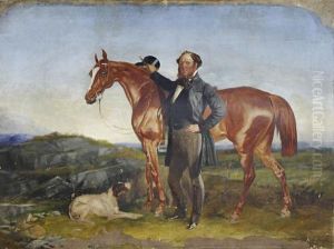 Portrait Of A Gentleman With His Horse And Dog Before An Open Landscape by R.T. Bott