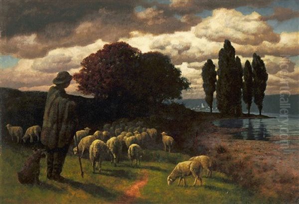 Schafer Mit Seiner Herde Am Abendlichen Fluss - view 1