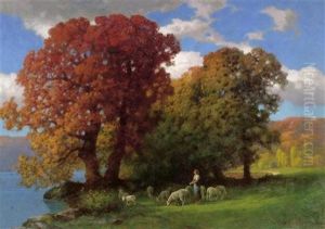Landschaft Mit Schafhirtin by Traugott Hermann Ruedisuehli