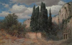 Landscape With Classical Entrance Built Into The Cliffs by Traugott Hermann Ruedisuehli