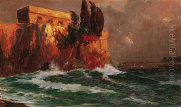 Capri. Tosende Brandung Vor Einer Festung An Felsiger Kuste - view 1