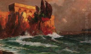 Capri. Tosende Brandung Vor Einer Festung An Felsiger Kuste by Traugott Hermann Ruedisuehli