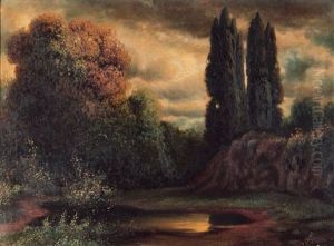 Landschaft Mit Weiher Am Herbstabend by Traugott Hermann Ruedisuehli