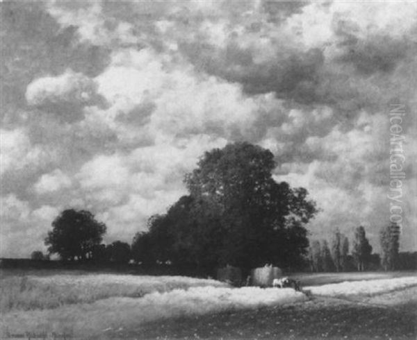 Spatsommerlandschaft Mit Bauern Bei Der Heuernte - view 1
