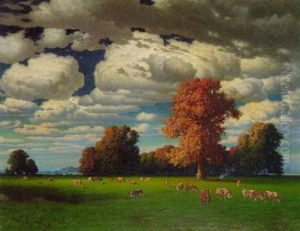 Herbstliche Weidelandschaft Mit Kuhen Auf Der Wiese by Traugott Hermann Ruedisuehli