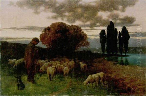 Schafer Mit Seiner Herde In Der Abenddammerung - view 1
