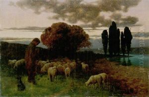 Schafer Mit Seiner Herde In Der Abenddammerung by Traugott Hermann Ruedisuehli