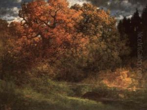 Herbstlicher Laubbaum Im Wald, Im Vordergrund Bach Mit Steinbrucke by Traugott Hermann Ruedisuehli