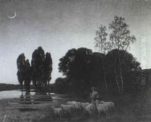 In Den Ersten Abendstunden Erreicht Eine Schafherde Die Furt Eines Fluses by Traugott Hermann Ruedisuehli