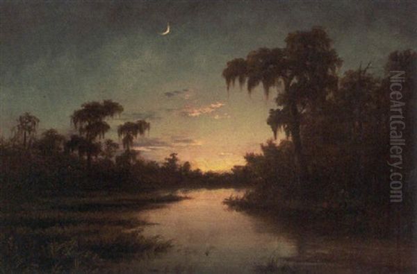 Dawn In The Bayou With Black Figures In A Pirogue - view 1
