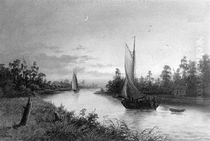 Bayou Teche Nocturnal Landscape With Sailboats by Harold Rudolph