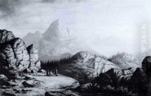 Indian Encounter In A Scenic Landscape With Waterfall by Harold Rudolph