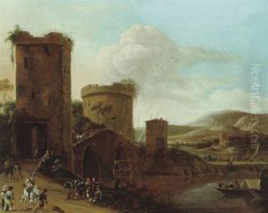 Gebirgige Fluslandschaft Mit Einer Steinernen Bogenbrucke Und Wehrturmen Sowie Vielen Figuren