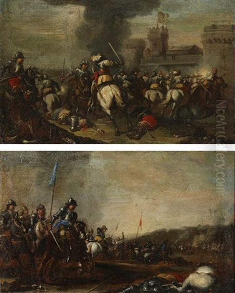 Two Battle Scenes With Horsemen Near A Fortress - view 1