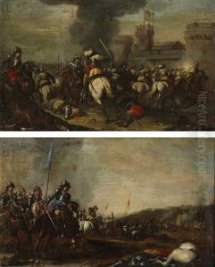Two Battle Scenes With Horsemen Near A Fortress by Rugendas, Georg Philipp I