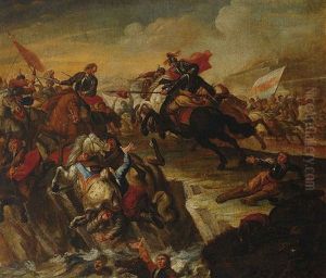 Figurenreiche Reiterschlacht Zwischen Den Osterreichern Und Den Ungarn An Einem Grenzfluss Vor Befestigtem Fort by Rugendas, Georg Philipp I