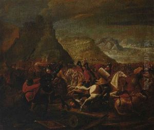 Figurenreiche Reiterschlacht Zwischen Den Turken Und Den Vereinigten Heeren In Hugeliger Landschaft Mit Burgen Und Feldlager