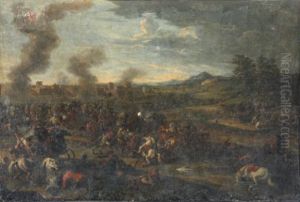 A Cavalry Skirmish With A Walled Town In The Distance