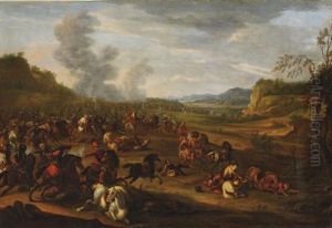 A Battle Between Turks And Christians In A Hilly Landscape (battle Of Zenta?)