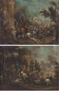 A Cavalry Skirmish By A Fortified Tower (+ A Cavalry Skirmish With A Castle Beyond; Pair) by Rugendas, Georg Philipp I