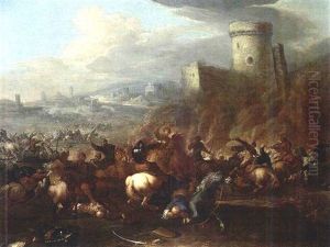 A Cavalry Battle Scene Between Turkish And Christian Troops, With A View Of A Town Beyond