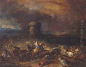 Slagscene Ved Et Faestningstarn I Flodlandskab