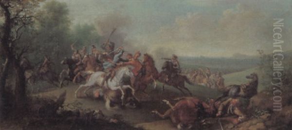 Reitergefecht In Einer Bewaldeten Landschaft, Im Hintergrund Eine Stadt - view 1
