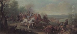 Reitergefecht In Einer Bewaldeten Landschaft, Im Hintergrund Eine Stadt Reitergefecht In Einer Bewaldeten Landschaft, Im Hintergrund Eine Stadt
