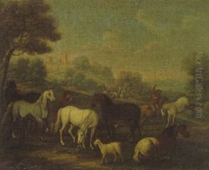 Pferde Und Reiter In Hugeliger Landschaft by Rugendas, Georg Philipp I