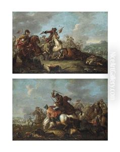 A Cavalry Skirmish With A Village On A Hill Beyond And A Cavalry Battlefield (pair) by Georg Philipp Rugendas the Younger