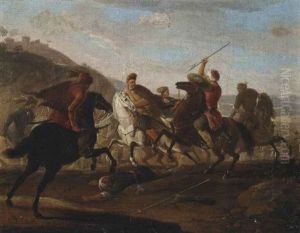 A Cavalry Skirmish Between Christians And Turks (+ A Cavalry Skirmish; Pair) by Georg Philipp Rugendas the Younger