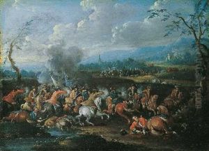 Zwei Landschaften Mit Reitergefecht by Georg Philipp Rugendas the Younger
