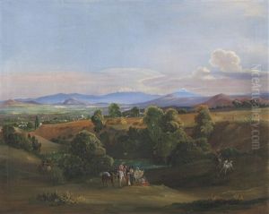 Vista Del Valle De Mexico Con El Popocatepetl Y El Iztaccihuatl Al Fondo by Johann Moritz Rugendas