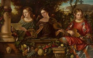 Drei Anmutige Musizierende Engel Auf Estrade In Parklandschaft. Im Vordergrund Fruchtegirlande, Im Hintergrund Groser Parkbrunnen by Ludwig Sigismund Ruhl