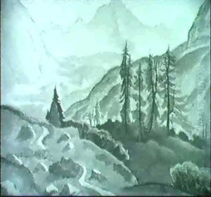 Gebirgslandschaft Mit Tannen Bei Aufgehender Sonne by Clara Ruhle