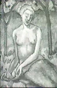 Sitzender Weiblicher Halbakt Mit Fruchteschale Unter Bluhenden Baumen. by Clara Ruhle