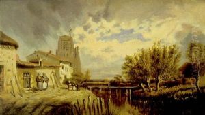 Pueblo Con Campesinas Al Borde Del Lago by Jules Ruinart De Brinant