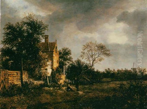 A Wooded Landscape With Travellers Resting By A Cottage, A Windmill Beyond - view 1