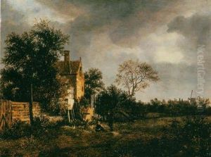 A Wooded Landscape With Travellers Resting By A Cottage, A Windmill Beyond by Isaak van Ruisdael