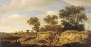 A Dune Landscape With Figures By A Farm, Church Spires In The Distance
