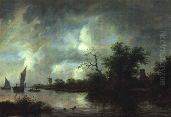 Fluslandschaft Mit Booten Und Einem Angler, Im Hintergrund Eine Stadt - view 1