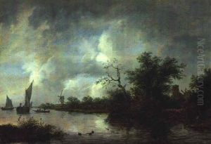 Fluslandschaft Mit Booten Und Einem Angler, Im Hintergrund Eine Stadt