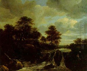 A Torrent In A Wooded River Landscape by Isaak van Ruisdael