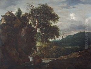 A Rocky River Landscape With A Cottage On A Cliff by Jacob Van Ruisdael