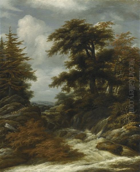 Wooded Landscape With Waterfall - view 1