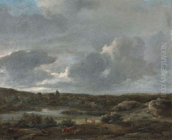 An Extensive Wooded Landscape With A Village Near A Lake - view 1
