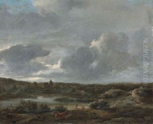 An Extensive Wooded Landscape With A Village Near A Lake by Jacob Van Ruisdael